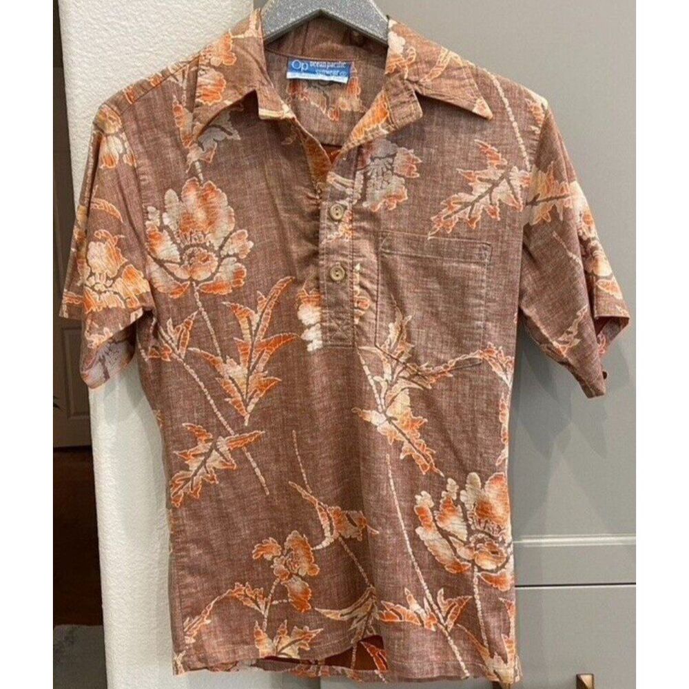 VTG 80s Ocean Pacific OP Swimwear Hawaiian Tropical Button Shirt polo Size S